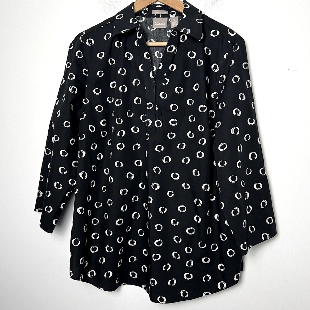 Chico's Etched Modern Dots Wrinkle Resistant 3/4 Sleeve Popover Shirt Classic